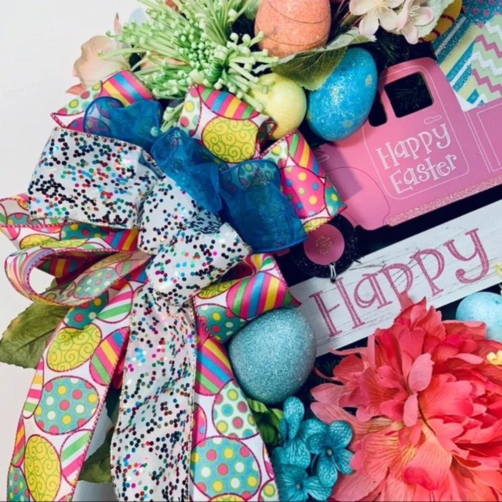 New Designer Floral Easter Lush Bunny Pick Up Truck Spring Door Wall Wreath